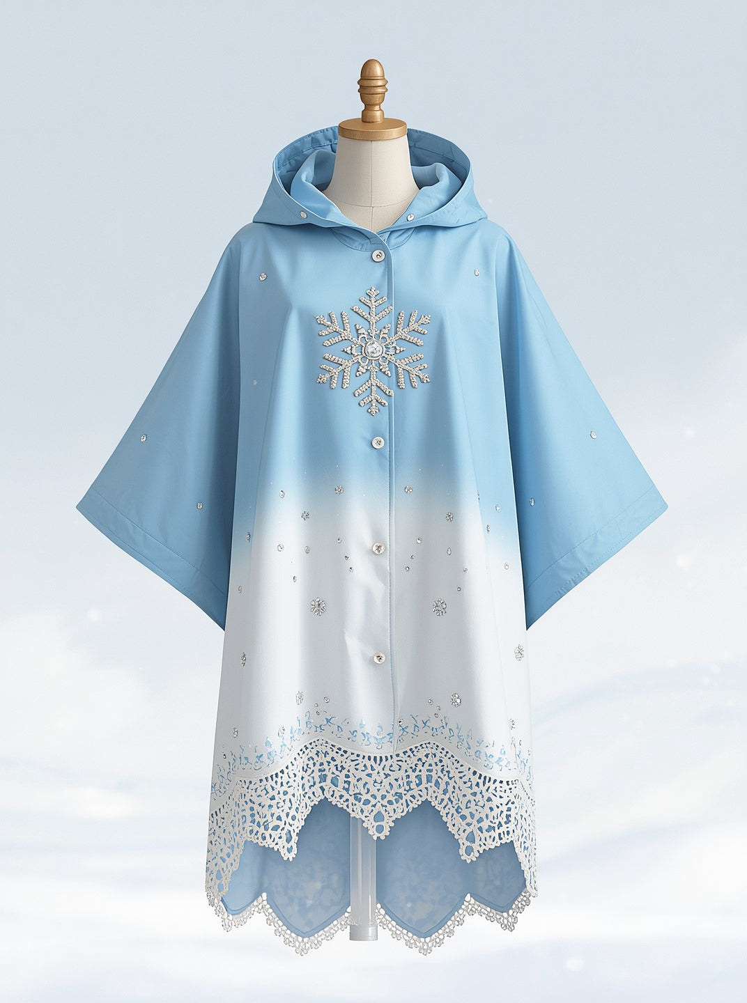 FROST poncho from the front: glacial ice blue fading to snow-white, snowflake at the chest and lace hem
