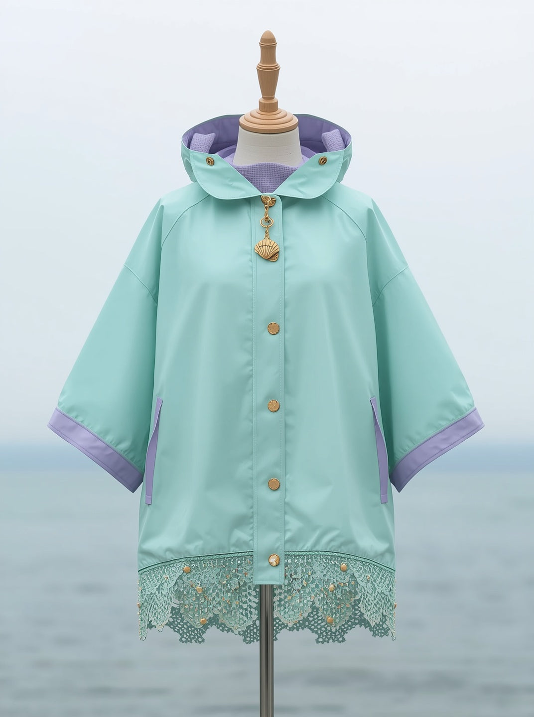 DEEP SEA poncho in deep teal with shell-lilac scallop collar and seafoam lace