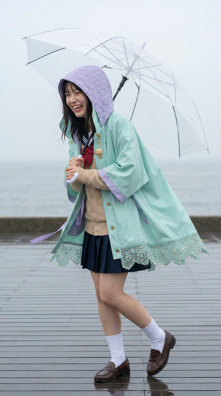 DEEP SEA poncho leaning into the wind on a seaside promenade