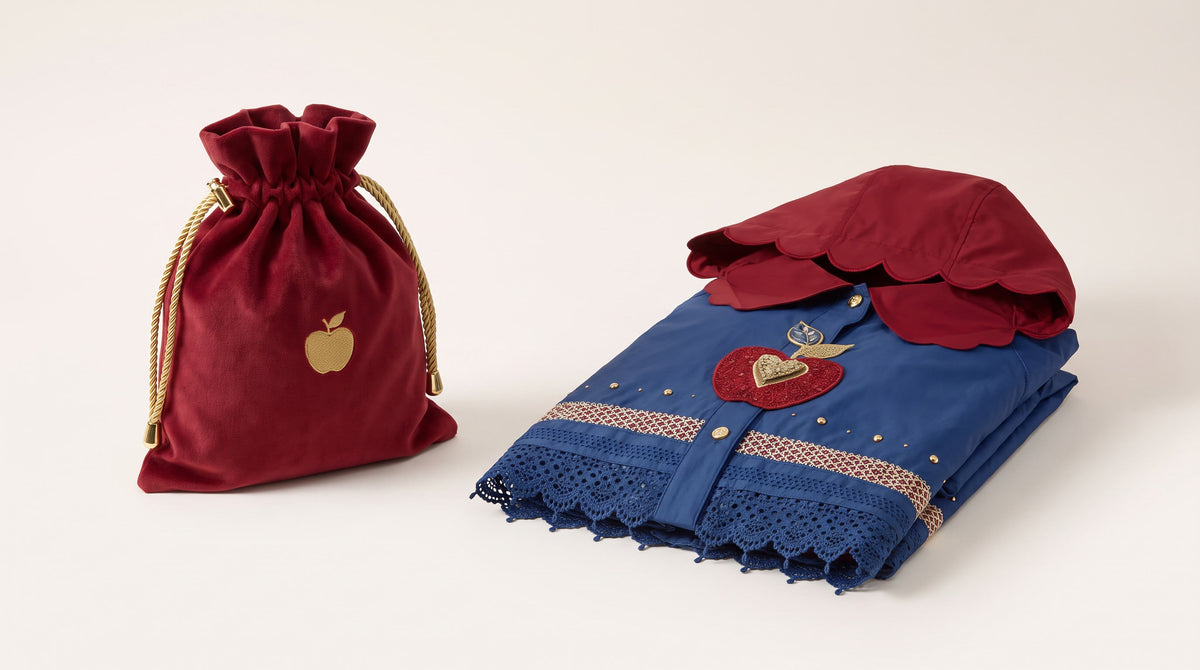 FAIREST story pouch in deep-red velour with a gold embroidered apple
