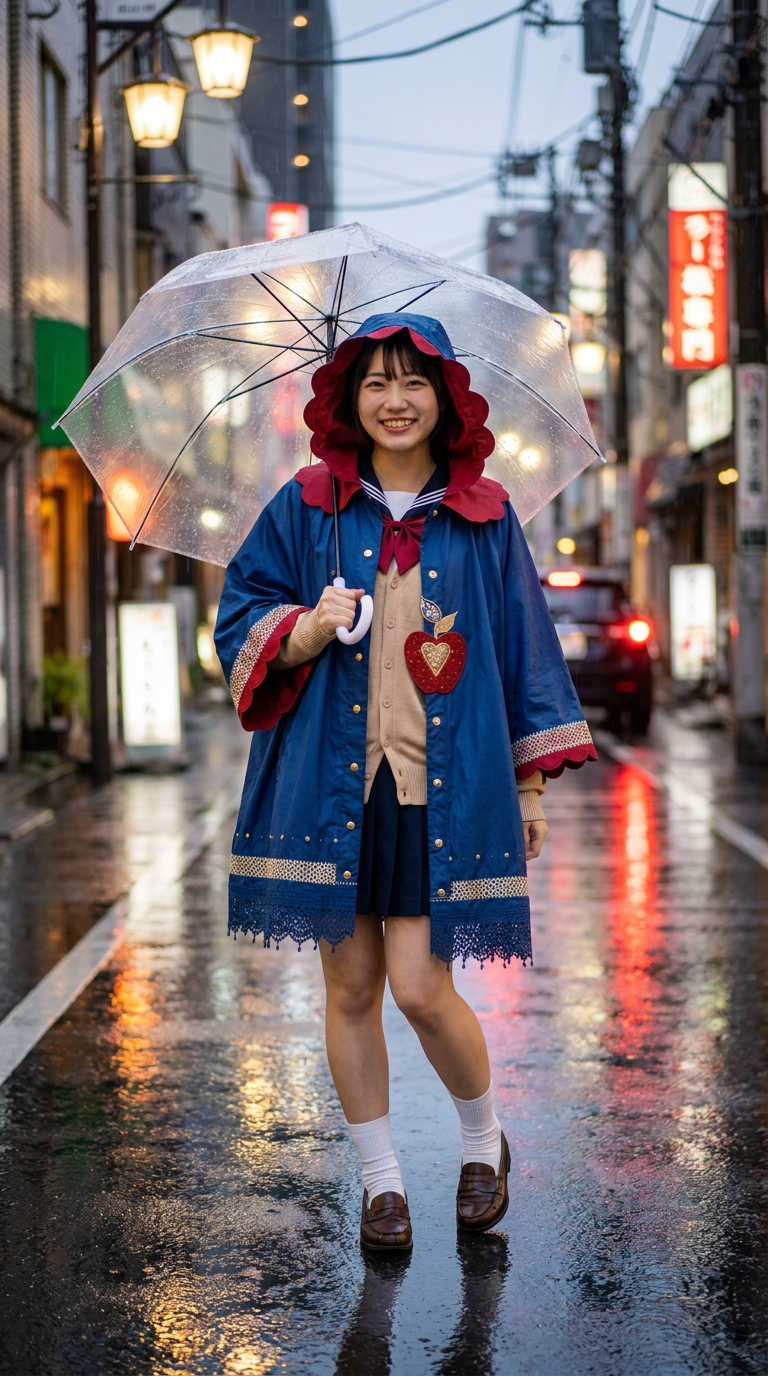 FAIREST poncho mid-twirl under a clear bubble umbrella in the rain