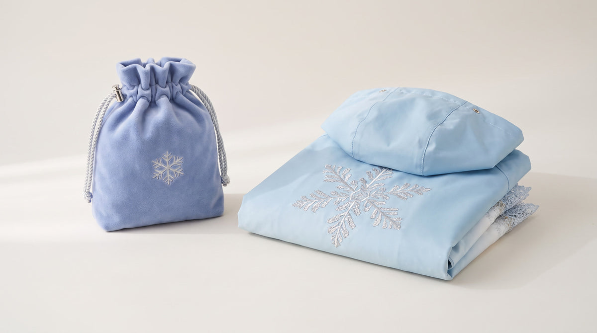 FROST story pouch in periwinkle with a silver embroidered snowflake