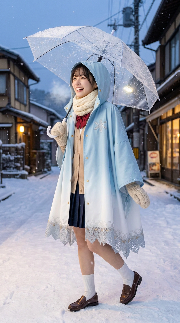 FROST poncho catching the first snowflakes, seen glancing back