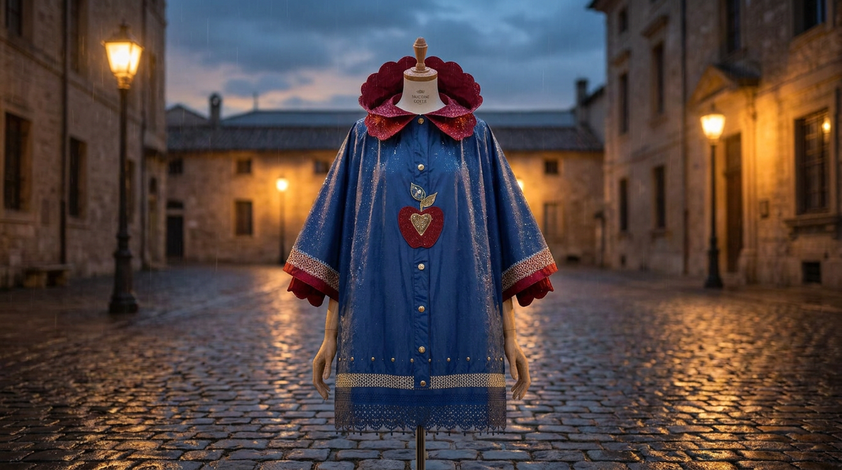 FAIREST poncho on a dress form in a lamplit courtyard at dusk