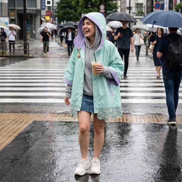 DEEP SEA poncho worn over a hoodie and denim skirt on a rainy crosswalk, iced coffee in hand