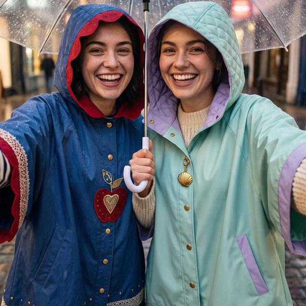 Two friends under a clear umbrella, one in FAIREST and one in DEEP SEA, taking a selfie in the rain