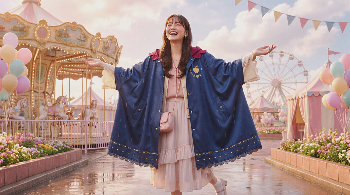 A woman in the FAIREST poncho laughing with her arms out in a sun shower at a pastel fairground